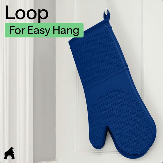 GORILLA GRIP BPA-Free Soft Silicone Oven Mitts, 14.5x8.3, Heat Resistant and Waterproof Cooking Gloves, Thick Cotton Lining, Flexible Gripping for Baking Grilling, Kitchen Potholders Set of 2, Blue