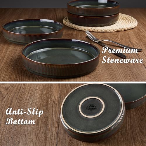 E-far Pasta Bowls Set of 6, 35oz Large Salad Bowl Plate for Dinner Serving, Wide & Shallow Ceramic Stoneware Pasta Plates, Microwave & Dishwasher Safe, Reactive Glaze Textured Stripes, Blackish Green - Image 5