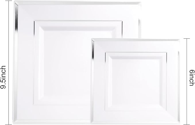 Liacere 100PCS White and Silver Square Plastic Plates - 50PCS Heavy Duty 9.5inch White Dinner Plate and 50PCS 6inch Dessert Plates-Silver Disposable Plate for Party＆Wedding＆New Year&Chrismas