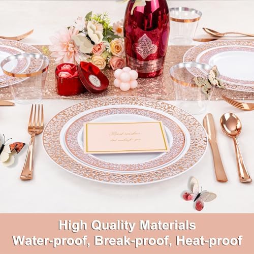 WELLIFE 350 PCS Rose Gold Disposable Dinnerware Set for 50 Guests, Disposable Rose Gold Lace Plates, Include:50 Dinner Plate, 50 Dessert Plates, 50 Pre Rolled Napkins with Silverware and 50 Cups - Image 5