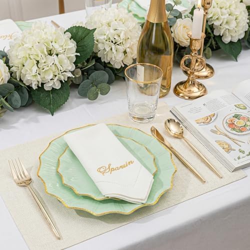Rubtlamp 60Pcs Light Green Plastic Plates - Green Scalloped Plates with Gold Trim - 30 Gold Dinner & 30 Dessert Platos, Fancy Disposable Plates for Party, Wedding (30 Guests) - Image 6