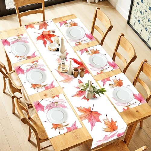 ANNA QUEEN Pink Autumn Maple Leaf Table Runner and Placemats Set of 6, 13"x72" Table Runner with 12"x18" Placemats, Elegant Fall Table Decor for Kitchen, Farmhouse, Seasonal Dining by ANNAQUEEN
