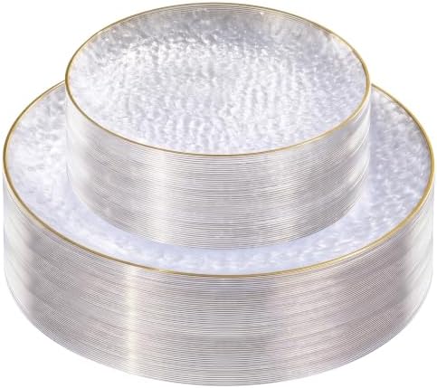 realluck 100Pcs Clear and Gold Rim Hammered Disposable Plastic Plates by Realluck