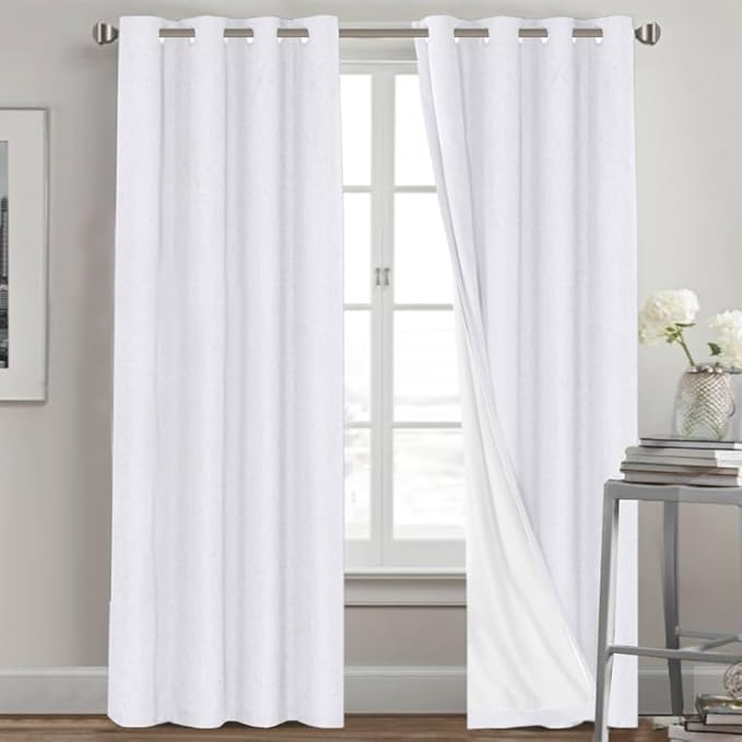 PrinceDeco Blackout Curtains 90 Inches Long 2 Panels Set for Bedroom Living Room Thermal Insulated Textured Curtains with White Liner Grommet Window Curtains,W52 x L90, Pure White