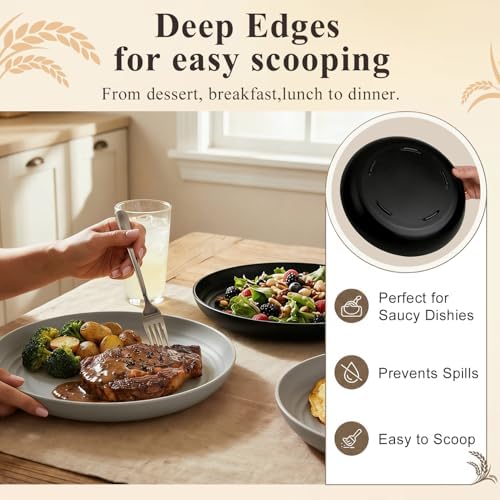 Kitchen Plates Set for 8, Unbreakable Wheat Straw Plates 11 Inch, Alternative to Plastic Plates Reusable, Microwavable Large Plates for Kitchen, Outdoor, Dinner, Party - BlackGrey - Image 5