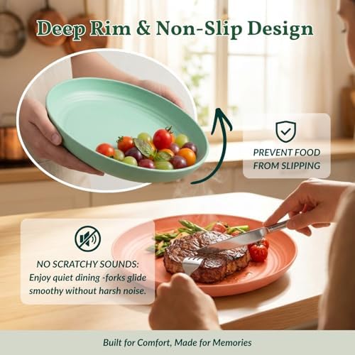 Homienly 12 PCS Unbreakable Wheat Straw Plates 9 Inch Reusable Plastic Plates for Kitchen Lightweight Camping Plates for Dessert, Bread & Butter Microwave & Dishwasher Safe Plates (Vibrant Colors) - Image 4