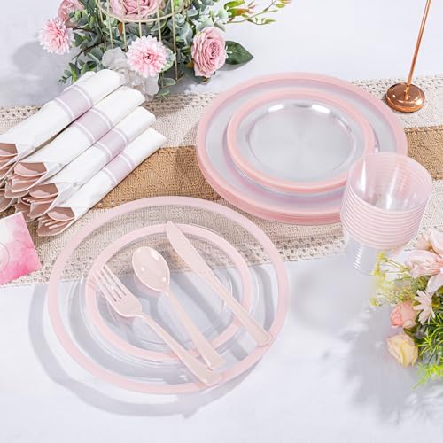 I00000 210 Clear Pink Plastic Plates Set, Pink Disposable Plates for Party - Image 7