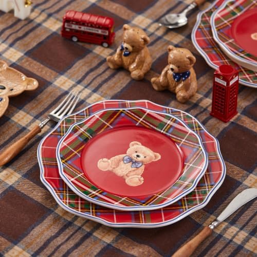 Bico Blue Ribbon Teddy Bear Scalloped Salad Plates Set of 4, 8.75 Inch Ceramic Dessert Plates for Salad, Appetizer, Side Dishes, Microwave and Dishwasher Safe, Gift for Housewarming and Christmas - Image 6