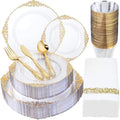 Morejoy 175PCS Clear and Gold Plastic Plates,Clear Plastic Dinnerware Sets by Morejoy