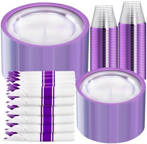 I00000 350Pcs Clear Purple Plastic Plates Dinnerware Set for 50 Guests by I00000