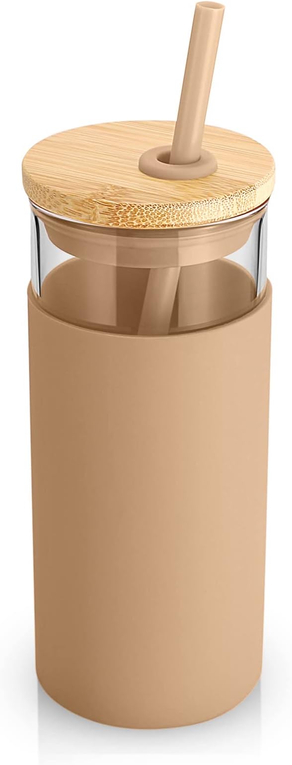 Tronco 20 oz Glass Tumbler with Lid and Straw, Iced Coffee Cup and Smoothie Cup with Bamboo Lids & Protective Silicone Sleeve, Dishwasher Safe, BPA-Free, Glass Cup 8 Pack