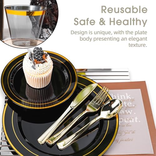 N9R 600PCS Black Gold Plastic Plates, Disposable Dinnerware Set for Party - Image 5