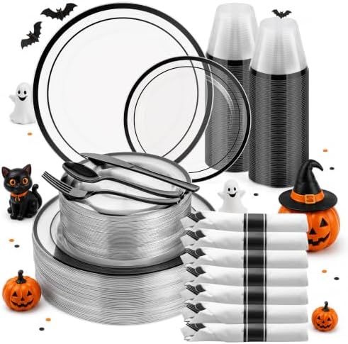 Goodluck 350 Pcs Clear Black Disposable Plastic Party Plate Cup Napkin Sets by GoodLuck