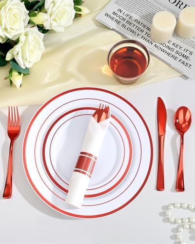 Goodluck 350 Piece Red Plastic Dinnerware Set for 50 Guests - Image 3