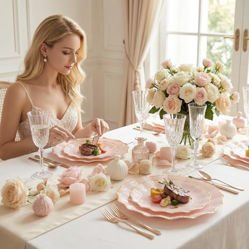 Rubtlamp 60Pcs Pink Plastic Plates - Pink Scalloped Plates with Gold Trim - 30 Dinner & 30 Dessert Platos, Heavy-duty Gold Plates for Party, Wedding&Mother’s Day (30 Guests) - Image 5