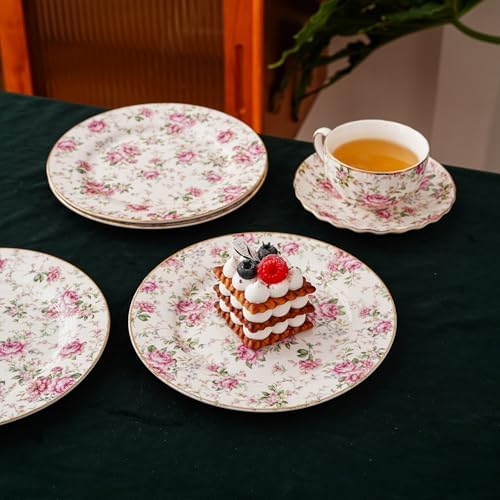 Agyiuns Porcelain Floral Plates, 8in Set of 4 Round Small Appetizer Dessert Plates for dessert，bread (White with flowers) - Image 5