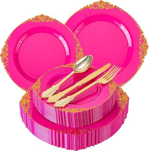 125PCS Hot Pink Plastic Plates for Wedding Party Birthday by Joyido