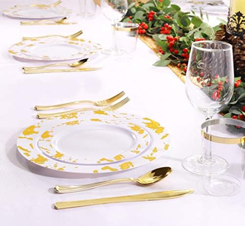 Nervure 175PCS Gold Plastic Plates with Marble Printing & Gold Plastic Silverware:50 Plates, 25 Forks, 25 Knives, 25 Spoons, 25 Cups, 25 Napkins for Thanksgiving & Wedding - Image 5