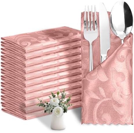 12 Pack Rose Gold Damask Satin Napkins 17 x 17 Inch by Eychei