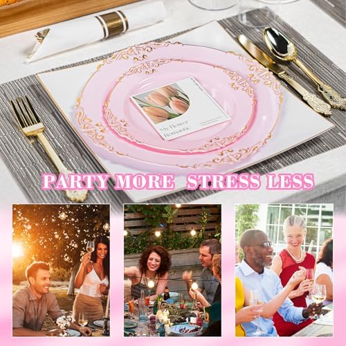 350pcs Gold Pink Retro Dinnerware Sets Disposable for 50 Guests - Image 6