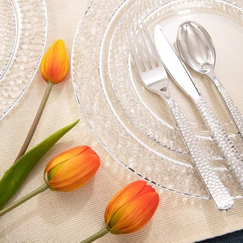 Ciaell 150PCS Clear Silver Plastic Plates - Silver Disposable Plates include 25Dinner Plate, 25Dessert Plate, 25Forks, 25Knives, 25Spoons, 25Cups for Weddings & Parties (Pack of 2) - Image 4