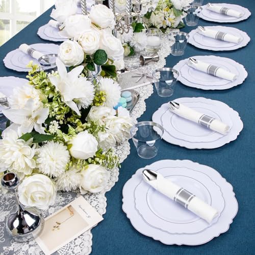 Liacere 175pcs Silver Plastic Plates - White and Silver Disposable - 25guest Baroque Plastic Dinnerware include 50Plates, 25Pack Pre Rolled Napkins with Silverware 25Cups for Wedding&Party&Easter Day - Image 3