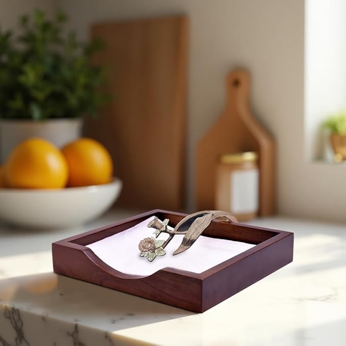Napkin Holder - Solid Wood Brown Finish Home Decor & Kitchen Decor Table Countertop Serviette & Tissue Holder with Metal Ornament Arm in Rose Gold Finish - Indoor and Outdoor Use - Floral Design