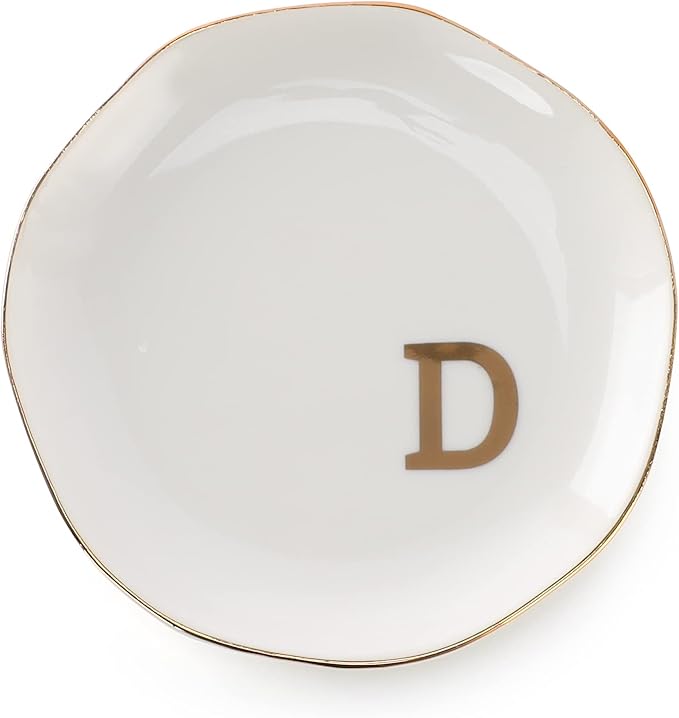 Initials Ring Dish Jewery Tray with Personalized D-Monogrammed Gifts Wedding Engagement for Women Friends sister,Ceramic White