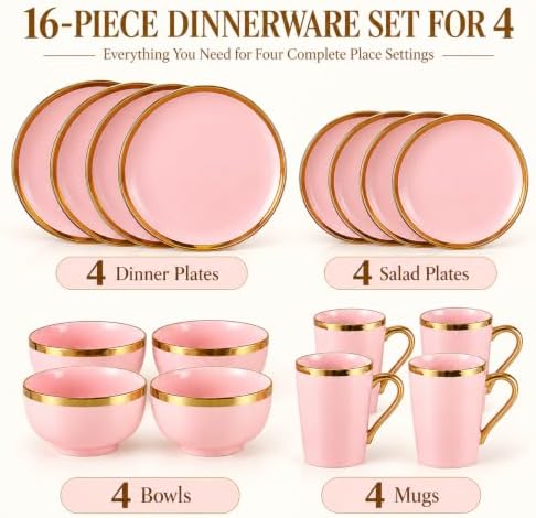 Pink and Gold Dinnerware Set for 4, 16-Piece Porcelain Gold Rim - Image 2