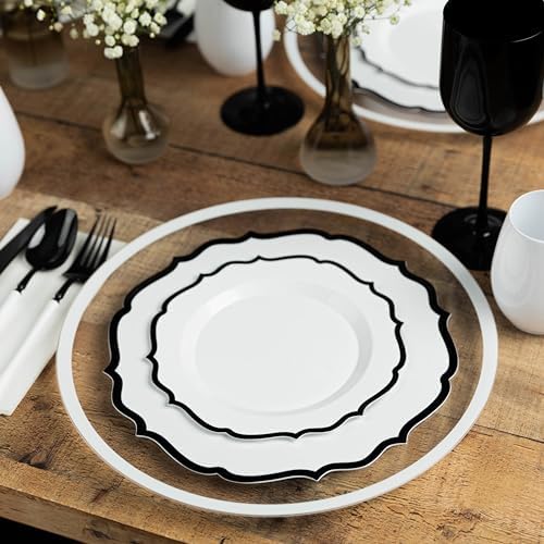 PLASTICPRO 128 Pack Elegant Disposable Plastic Plates Combo Set Bulk Pack Includes 64 Dinner Plates and 64 Salad Plates Heavy Duty Fancy Party Plates White with Black Contemporary Design - Image 5