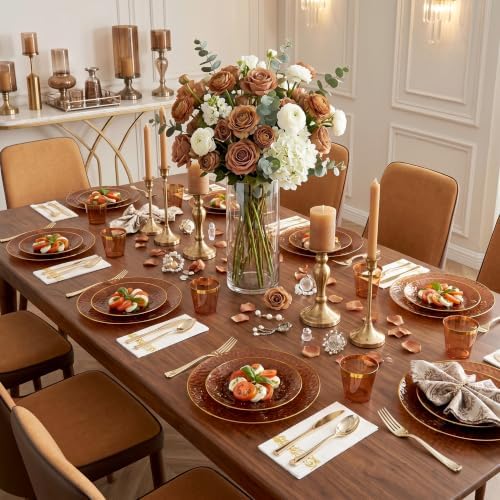 Rubtlamp 175 Pcs Plastic Dinnerware Set (25 Guests), Amber And Gold Plastic Plates, Hammered Party Plates Set Include Dinner Plates, Dessert Plates, Cups, Cutlery Set And Napkins for Wedding And Party - Image 5