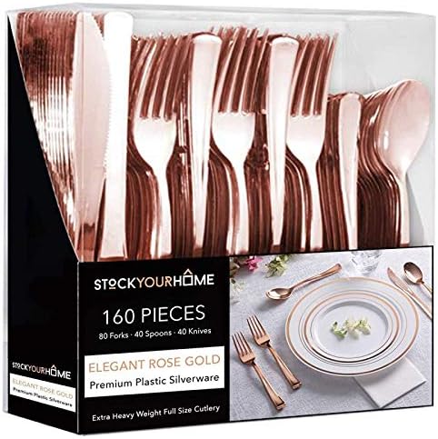 Rose Gold Plastic Silverware Set (160 Bulk Pack) Disposable Cutlery Utensils, 80 Forks, 40 Knives, 40 Spoons, Heavy Duty Rose Gold Flatware For Holidays, Parties, Dinners, Weddings, and Occasions by StockYourHome