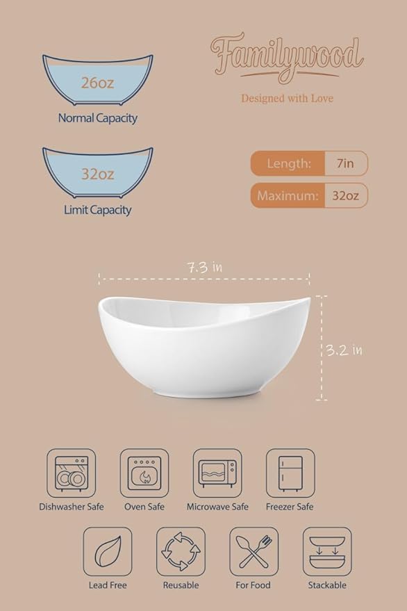 Porcelain Bowls, 32 OZ Ceramic Serving Bowls for Pasta, Stackable Set of 6 Plates for Condiment Souup, Cereal, Ramen, Pure White (7 Inch(32 Ounce))