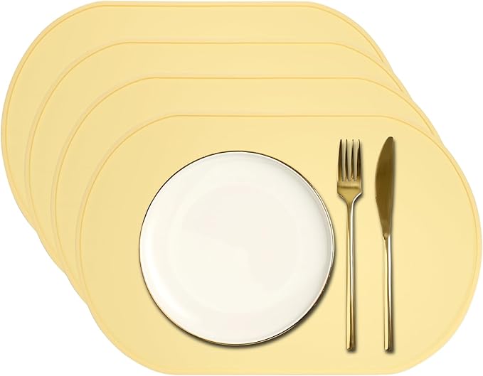 uxcell 4 Pcs Oval Silicone Placemat, 15.4" x 10.4" Non-Slip Washable Table Placemats Heat Resistant Waterproof Mat with High Edge for Table Kitchen Desk Protection, Yellow