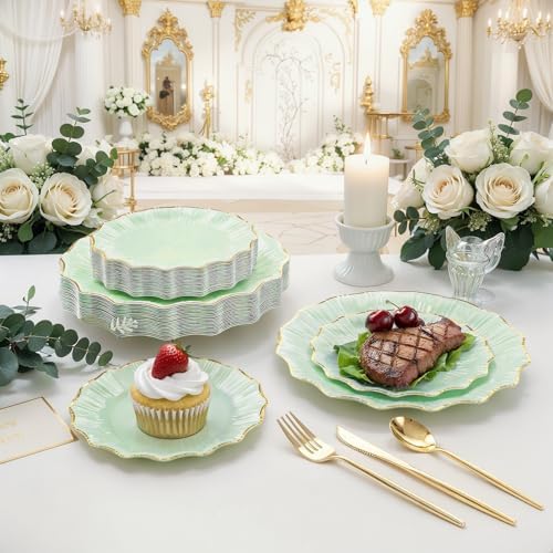Rubtlamp 60Pcs Light Green Plastic Plates - Green Scalloped Plates with Gold Trim - 30 Gold Dinner & 30 Dessert Platos, Fancy Disposable Plates for Party, Wedding (30 Guests) - Image 5