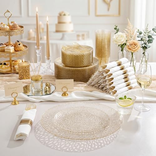 Rubtlamp 700Pcs Gold Glitter Plastic Dinnerware Set, Hammered Clear Plates, Fancy Plastic Plates Include 100 Dinner Platos, 100 Salad Platos, 100 Cups,100 Pack Pre Rolled Glitter plastic Silverware - Image 5