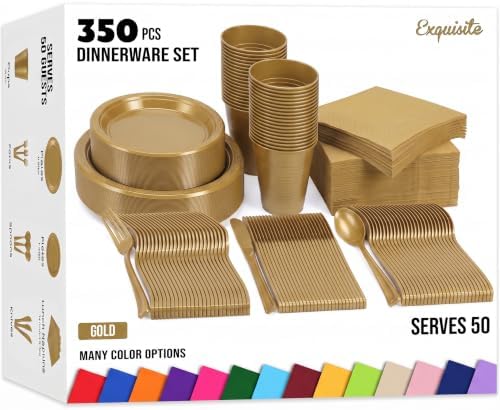 350 Pcs Gold Plastic Plates for Party Gold Disposable Plates Set 50 of Each 9 Dinner Plate Set 7 Dessert Plate Cups Napkins & Cutlery Plastic Dinnerware Set Exquisite by Exquisite