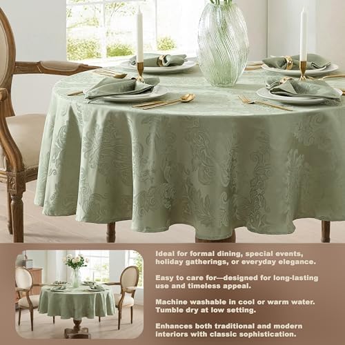 Newbridge Barcelona Damask Fabric Tablecloth, 70 Inch Round, Sage Green – No Iron, Soil Resistant Table Cover for Dining, Parties and Holidays - Image 4
