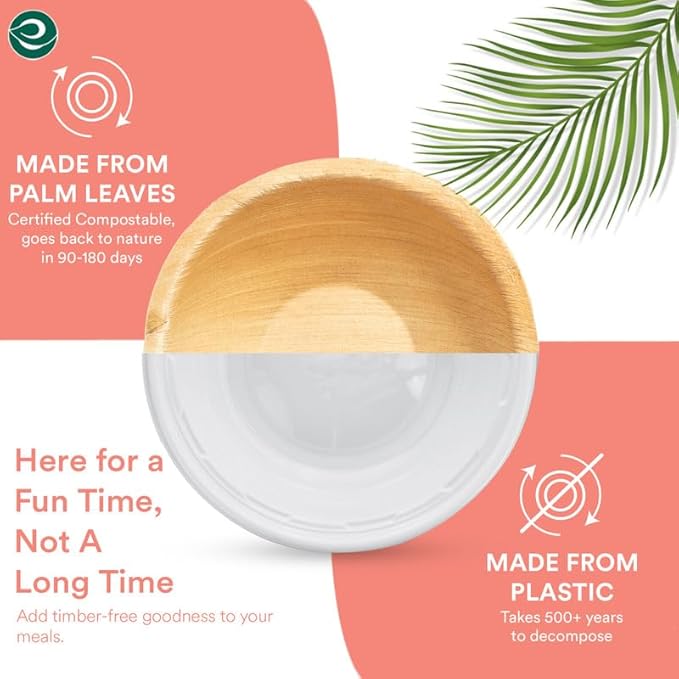 ECO SOUL 100% Compostable, Biodegradable, Disposable Palm Leaf Bowls |6 inch, 16oz, pack of 50 (Round) | Like Bamboo Bowls, Eco-friendly | Sturdy, Microwave & Oven Safe