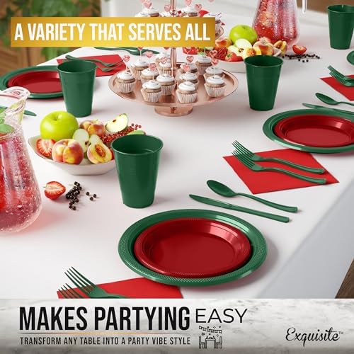 350 Pcs Christmas Plastic Plates for Party Red & Green Disposable Plates Set 50 of Each 9 Dinner Plate Set 7 Dessert Plate Cups Napkins & Cutlery Plastic Dinnerware Exquisite - Image 4