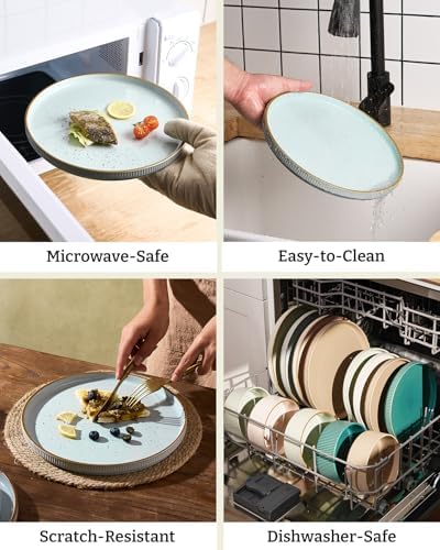 Famiware Stoneware Dinnerware Sets for 8, Rimmed Plates, Bowls, Blue Dishes - Image 5