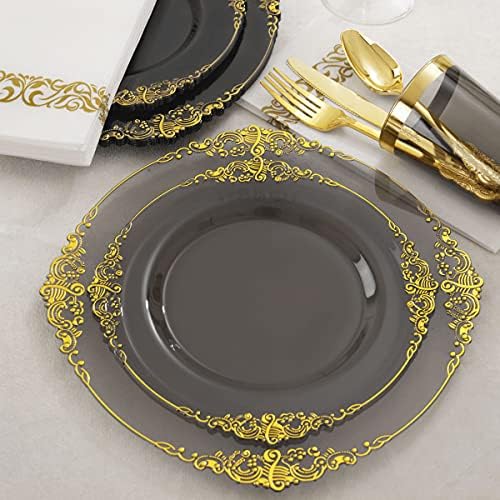 Nervure 175Pcs Black Plastic Plates, Plastic Dinnerware Set for 25 Guests - Image 2