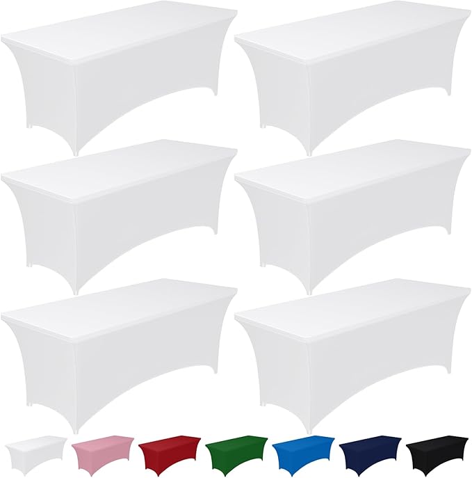 Pureegg Spandex Tablecloth 6ft - 6 Pack, Fitted and Tight Cloth for Rectangle Table, Wrinkle-Free and Stretch Table Cover for Party, Wedding, Banquet and Birthday, White