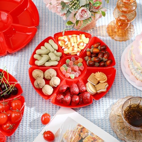 Zhehao 6 Pcs Plastic Divided Serving Trays with 60 Pcs Disposable Fork, 7 Compartments Round Chip Dip Plate, Petal Shape Platter, 10.6'' Snacks Serving Dish for Party Candy Nuts Fruits (Red) - Image 7