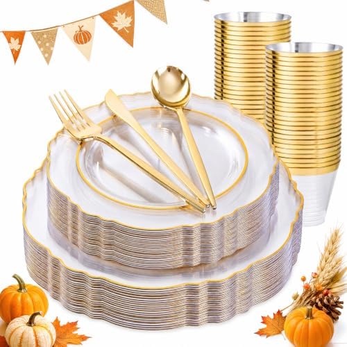 Liacere 150Pcs Clear Plastic Plates-Clear and Gold Disposable Plates Set-Clear and Gold Rim Disposable Plastic Dinnerware include 50Plates,25Pack Silverware and 25Cups for Thanksgiving/Fall Party by Liacere