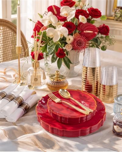 bUCLA 175PCS Red Plastic Plates - 25 Guests Gold Rim for Party, Wedding - Image 3