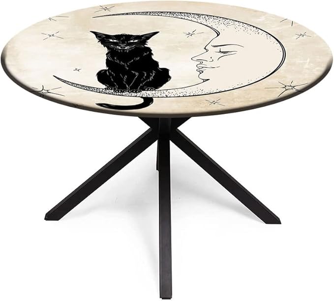 Round Tablecloth, Moon Tablecloth for Side Table, Black Cat Sitting on White Crescent Moon, Fit Round Tables 32inch Diameter, for Outdoor Indoor Use, Sand Brown Black