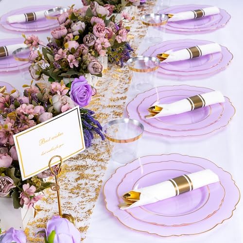 Liacere 175PCS Purple Plastic Plates-Disposable Lavender Plates 25guest Baroque Plastic Dinnerware include 50Plates, 25Pack Pre Rolled Napkins with Silverware 25Cups for Party & Wedding & Baby Shower - Image 2