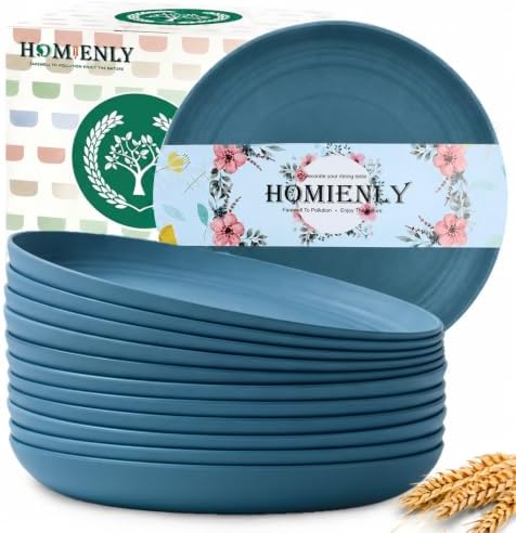 Homienly Large Dinner Plates 12 PCS Wheat Straw Plates for Bread & Butter 10 Inch Unbreakable Camping Plates for Salad, Steak, Microwave & Dishwasher Safe Serving Plates for Kitchen, Picnic, RV (Blue) by HOMIENLY