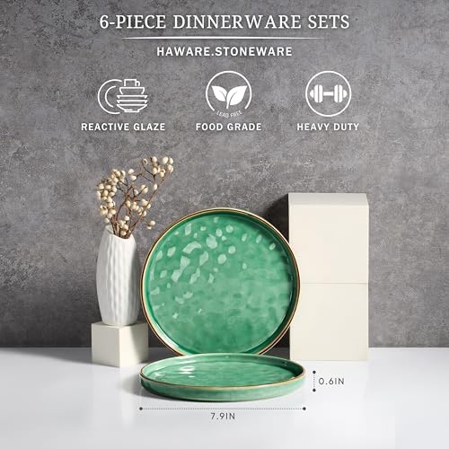 HaWare Stoneware Plates Set of 6, 7.9" Salad Plates, Reactive Glaze Ripple Ceramic Dish Set for Appetizer, Dessert, Scratch Resistant, Small Dinner Plate, Microwave and Dishwasher Safe, Reactive Green - Image 2